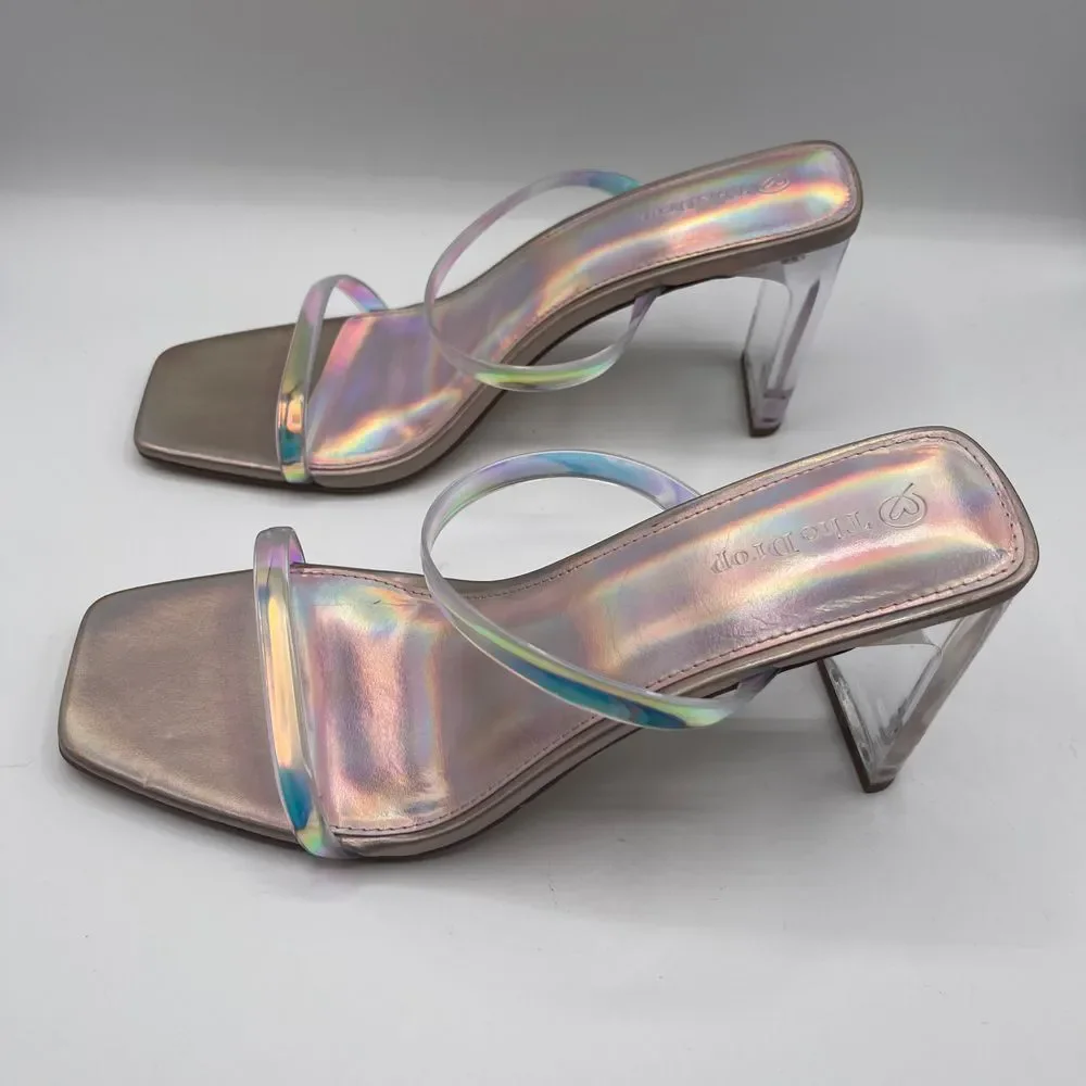The Drop Avery Square Toe 2 Strap Lucite Heel Iridescent Sandal Party Shoes Sz 7 - Picture 5 of 11